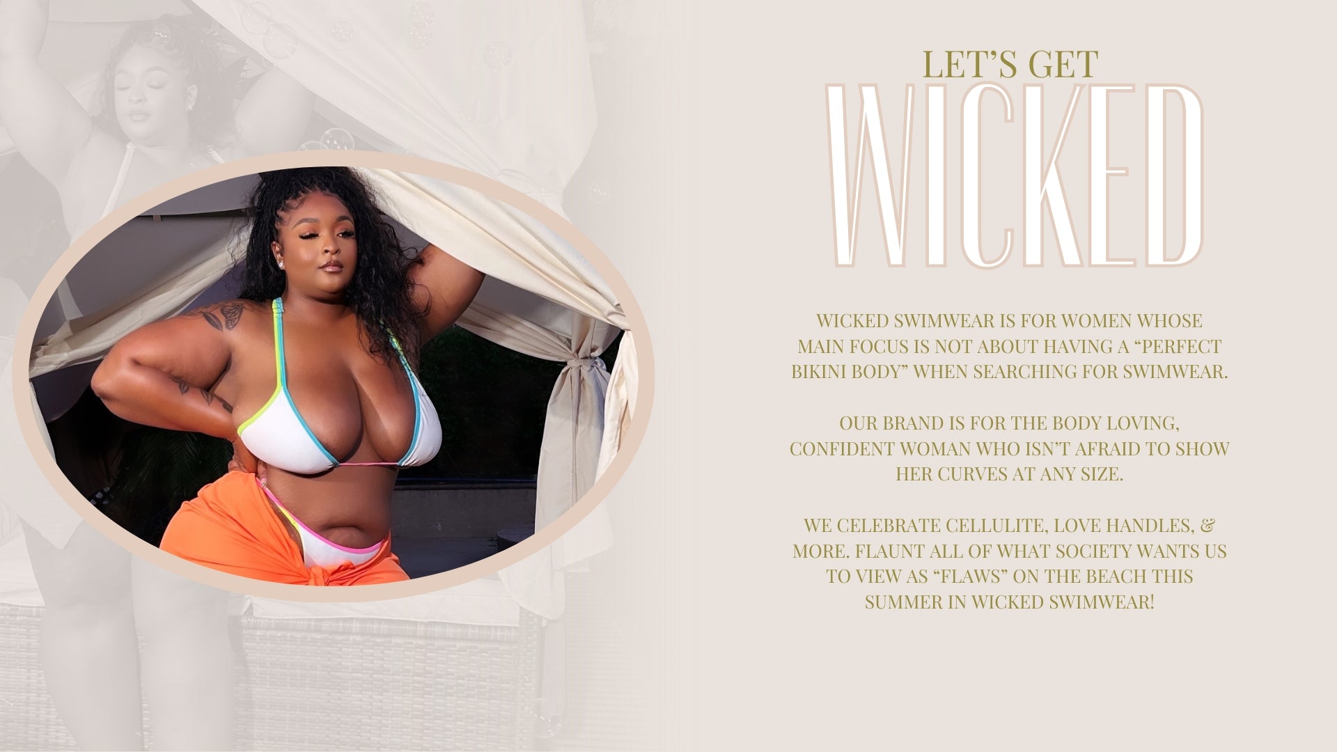 website banner featuring plus-size model wearing the Crave bikini and Crave II sarong cover-up